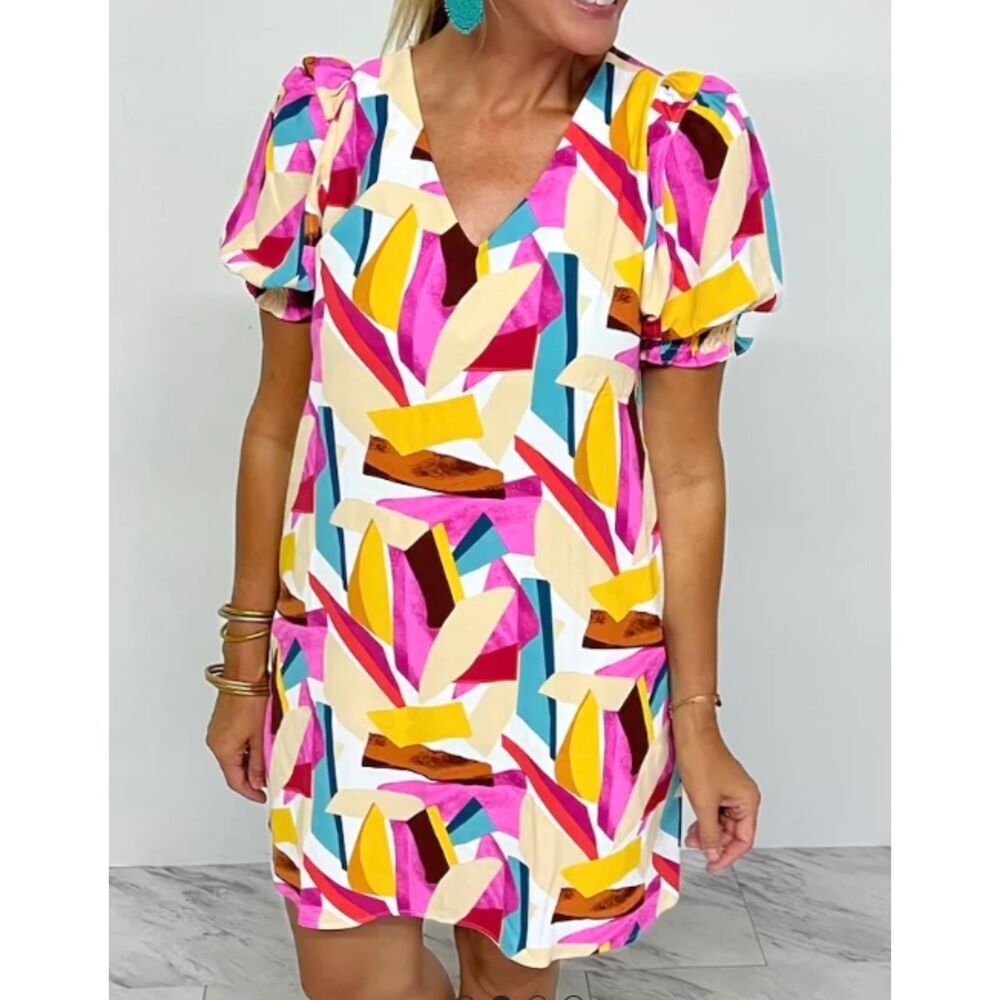 Women's Abstract Printed V-Neck Dress | New with Tags | XL